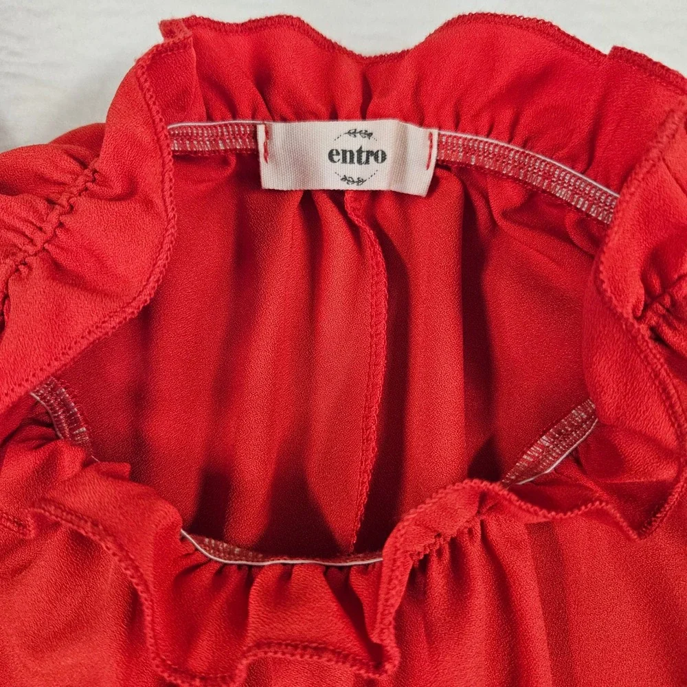 Entro Red Ruffle Neck Flutter Sleeve Tiered Babydoll Mini Dress Womens Small